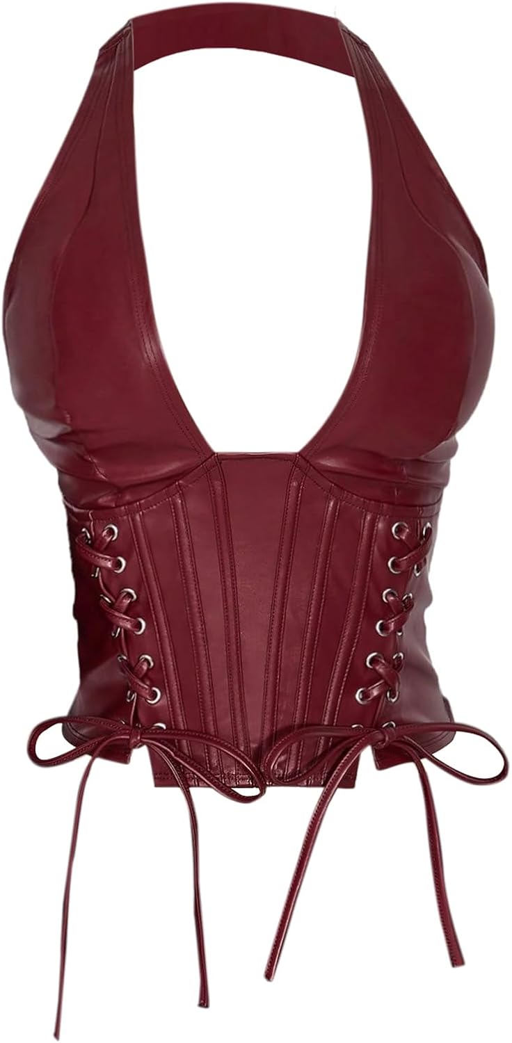SOLY HUX Women's Plus Size Halter Tops PU Leather Deep V Neck Lace Up Backless Sleeveless Summer Crop Tank Top