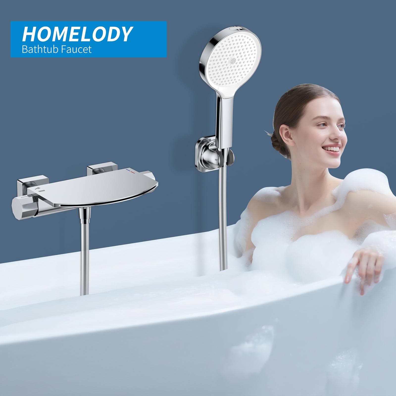 HOMELODY Bateria wannowa z słuchawką prysznicową, armatura wannowa z wodospadem, chromowana, mosiężna bateria mieszakowa, armatura ścienna do wanny, montaż ścienny z dużą platformą