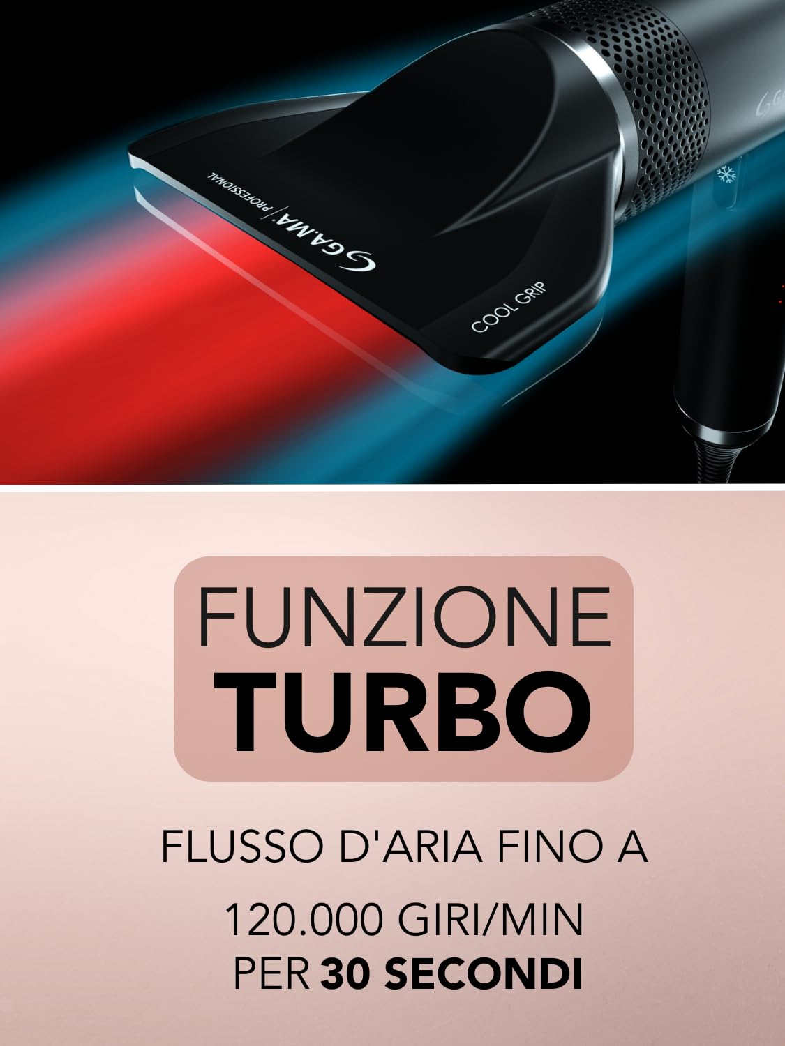 GA.MA Italy Professional, Asciugacapelli iQ3 Perfetto, Phon Ultraleggero con Motore Brushless da 110.000 giri/min, Tecnologia Stand-by e Funzione Turbo, 1600 W di Potenza, Gold Rose