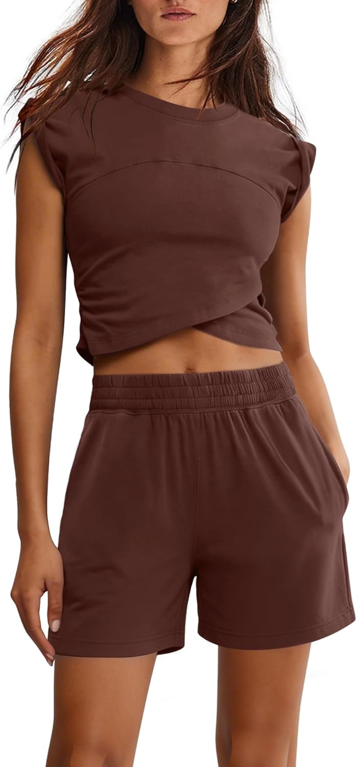 LAMISSCHE Womens Lounge Set 2 Piece Outfits Short Sleeve Tops And Shorts Sets Airport Travel Outfit Summer Matching Sets
