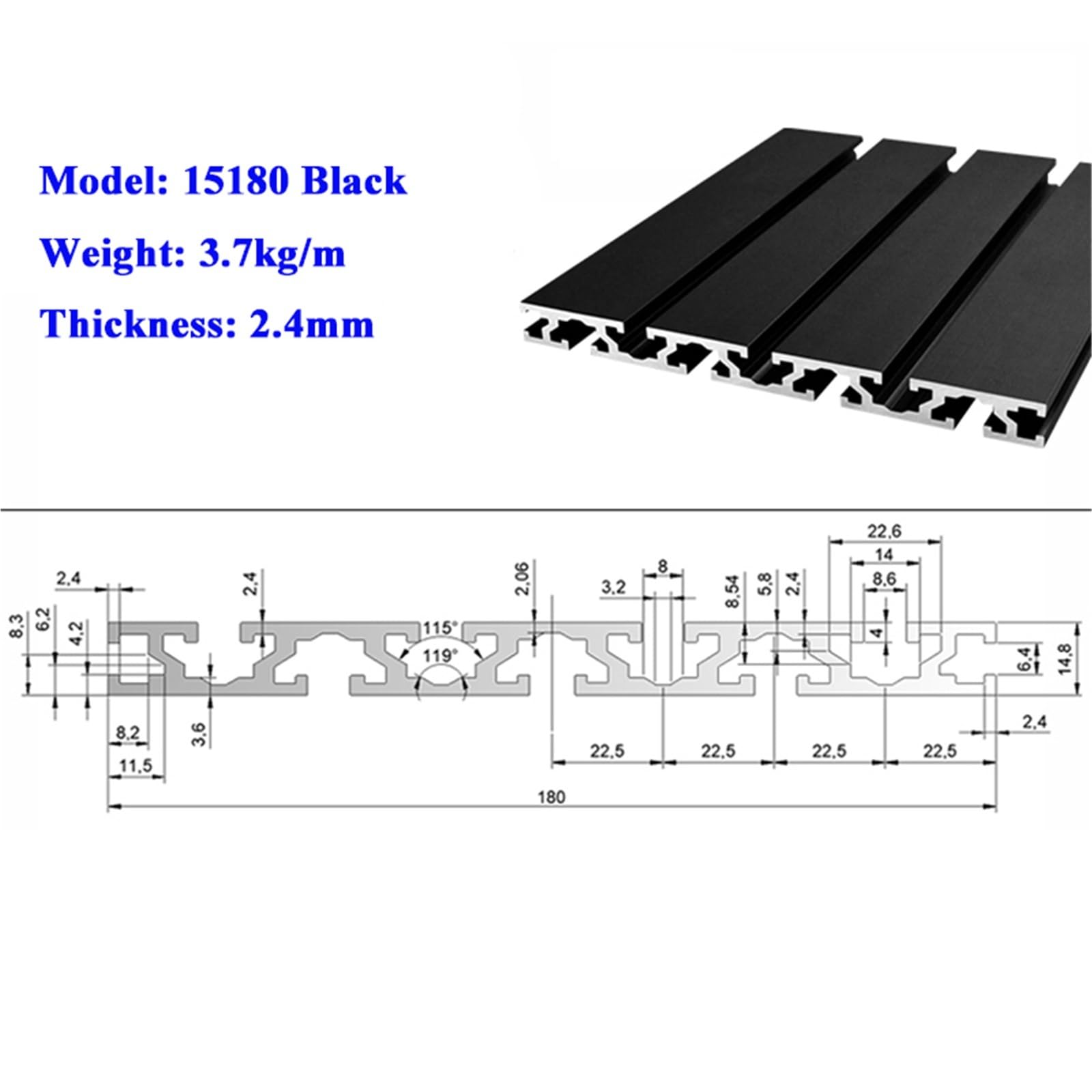 GTPBAO 15180 Telaio in estrusione di alluminio anodizzato nero 15x180mm Rack piano for supporto for macchinari industriali Binario estruso(300mm 11.8" long)
