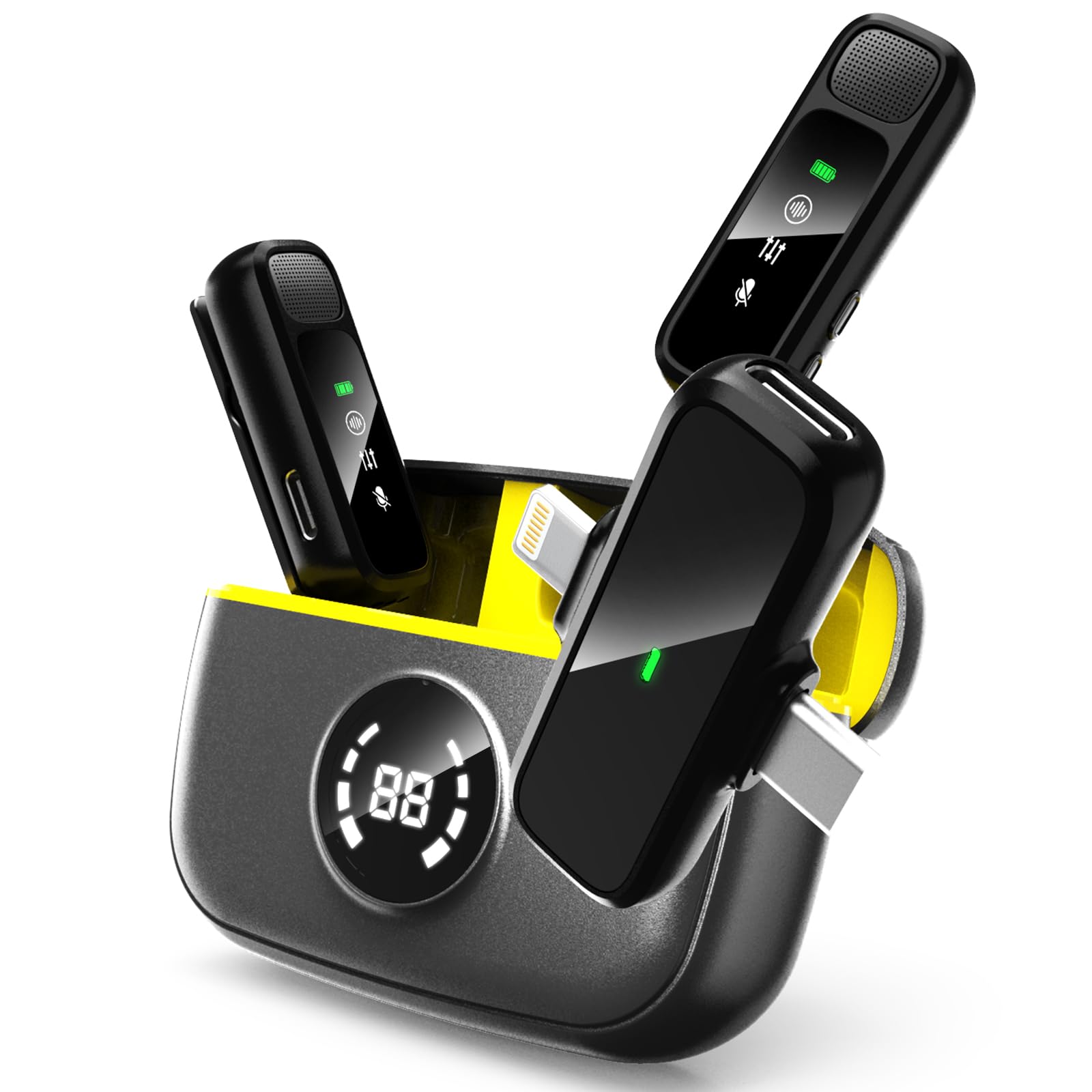 Microfono lavalier wireless per iPhone/Android, doppio mini microfono con cancellazione del rumore con custodia di ricarica (30H), USB-C/Lightning microfono a clip per registrazione video
