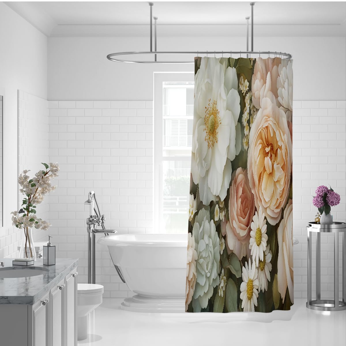 Rideau douche fleurs peinture huile baroque rose marguerite W220xL180 cm