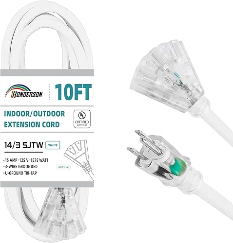 HONDERSON Cable de extensión iluminado para exteriores de 10 pies con 3 tomas de corriente, cable de extensión blanco resistente SJTW 143 con