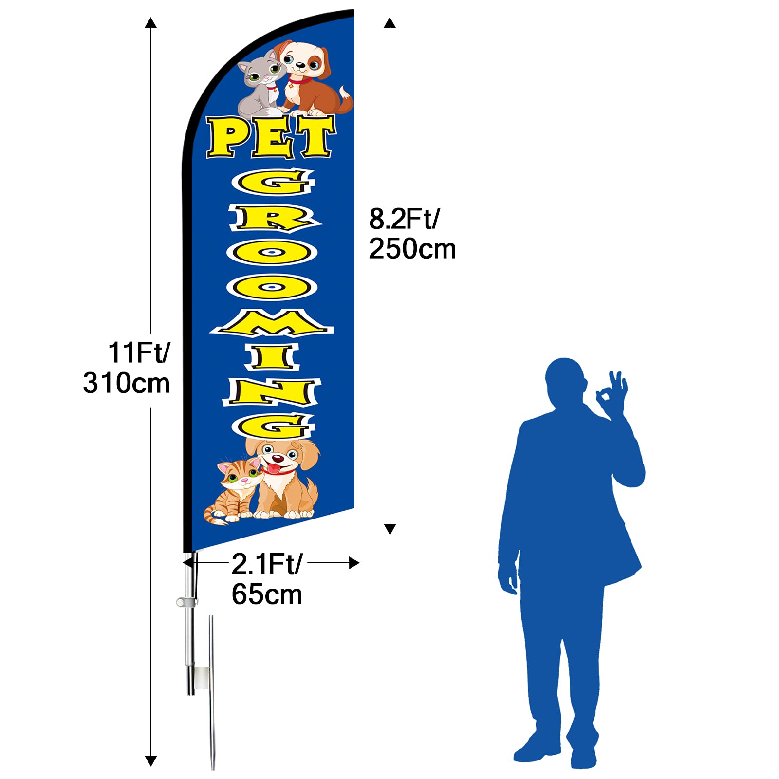 Bandera Swooper de aseo para mascotas, bandera de plumas publicitarias de aseo de mascotas de 11 pies con kit de poste, estaca de tierra, carteles de aseo de mascotas para negocios y escaparates