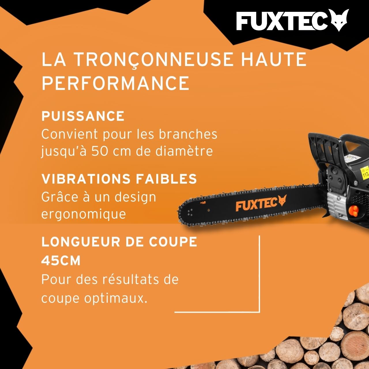 Fuxtec tronçonneuse thermique 50 cm FX-KS262 Black Edition essence 61,5cm3 2 temps 2,8kW Longueur De Coupe 45cm, Guide Chaine 20 pouces Étui de transport Tronc, Menuiserie
