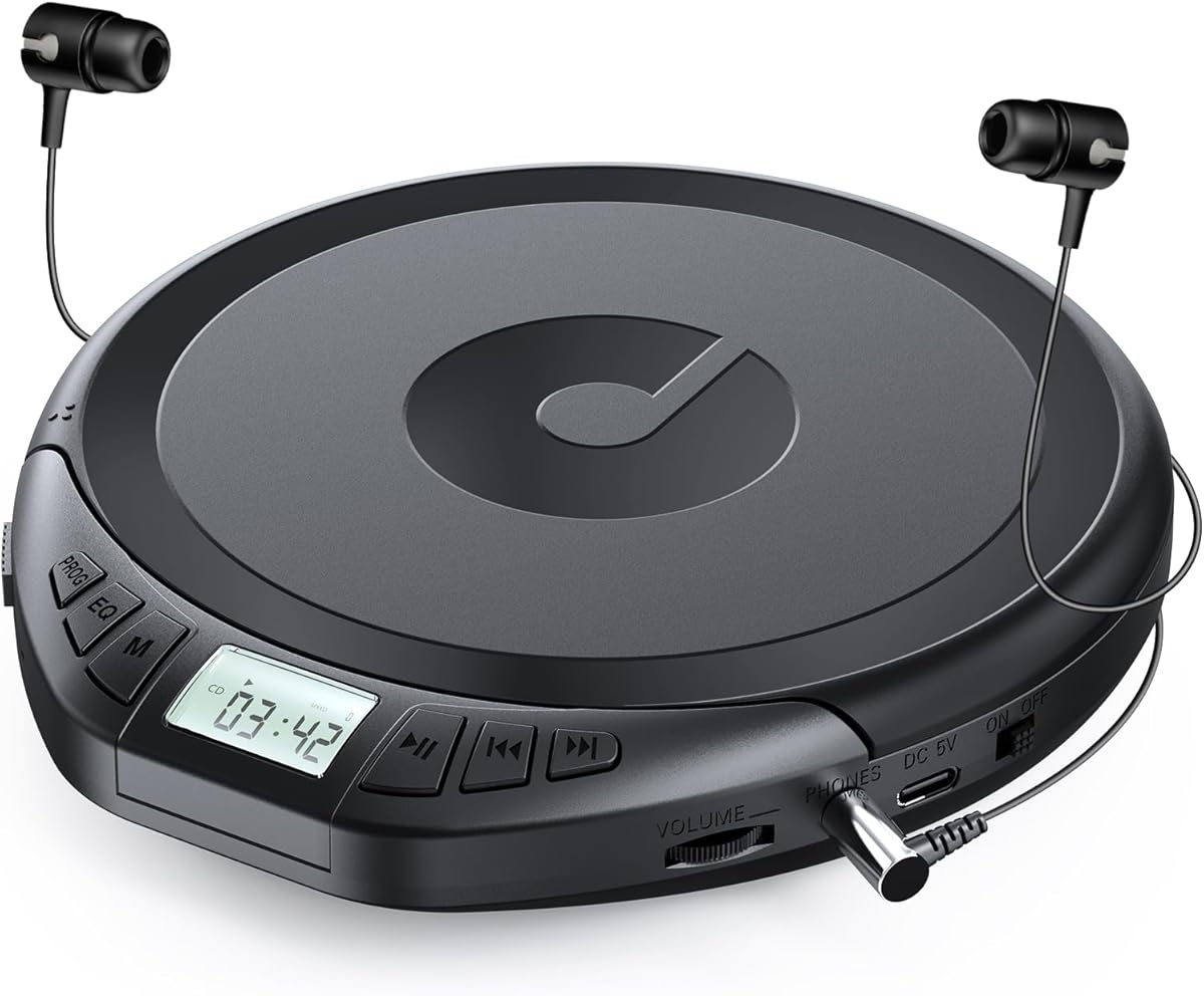 Gueray CD Player Portable CD Dsicman: with Earphones for Car with Anti-Skip Shockproof with LCD Display Support PROG Memory Repeat Function (Black)