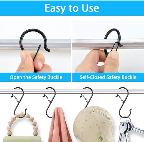 Miniatura 4 de Abnaok Ganchos en S para colgar, diseño de hebilla de seguridad resistente, ganchos en S de metal negro para colgar utensilios de cocina, ollas,