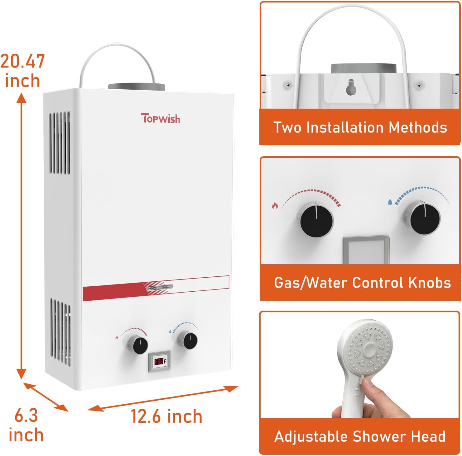 Close-up of the TOPWISH Portable Propane Water Heater showing gas/water control knobs, digital display, and adjustable shower head.