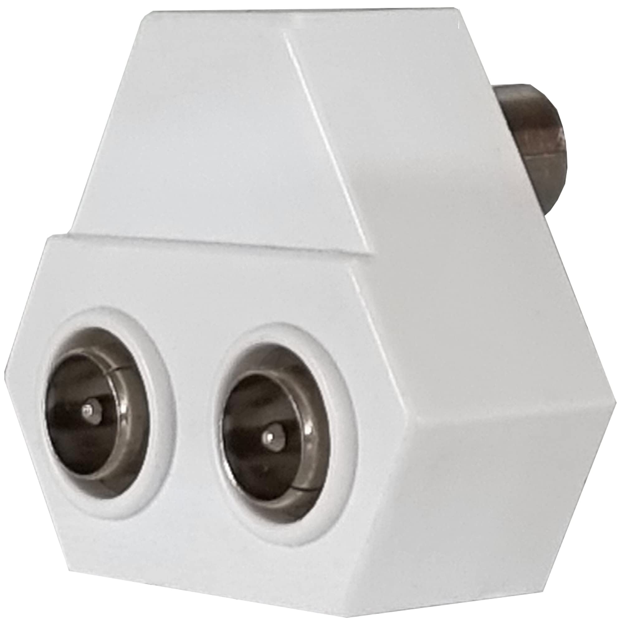 1STec 90° Right Angled 2 Way Diplex Triplex use Coax Connector Roof Top Aerial Wire Wall Outlet Splitter for UHF Freeview Digital TV with Push on Coaxial Female that Creates Twin Male Line Out Plugs