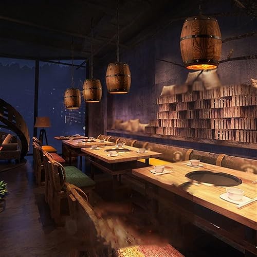 Miniatura 3 de Lámpara colgante de barril de madera antigua para decoración de interiores, lámpara colgante de techo retro industrial ajustable para sala de estar,
