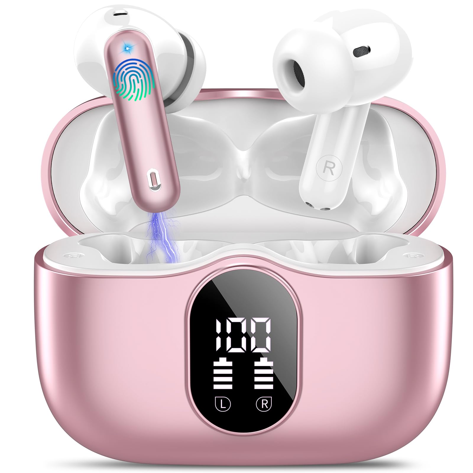 Wireless Earbuds, Bluetooth 5.4 Headphones Bass Stereo, Ear Buds with Noise Cancelling Mic, IP7 Waterproof in Ear Earphones, 36H LED Display Bluetooth Earbuds for Laptop Pad Phones Sports, Rose Gold