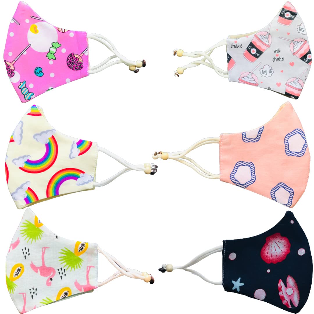 3 Layer Kids Face Mask With Adjustor – Reusable & washable Cotton Kids Mask For (3-7) Years Old Boys & Girls – Designer Mask For Children (PACK OF 6)