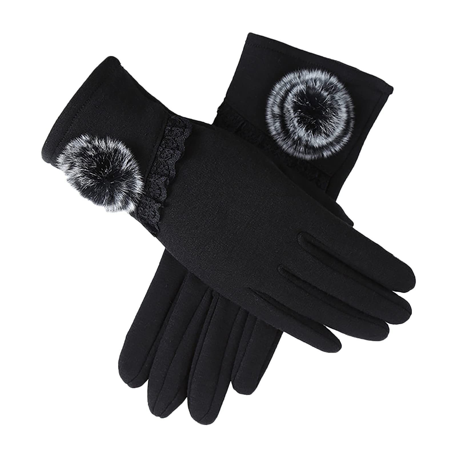 Womens Winter Furry Gloves Suede Touching Screen Gloves Warm Windproof Glove Plush Cuff Gloves BK2 One Size