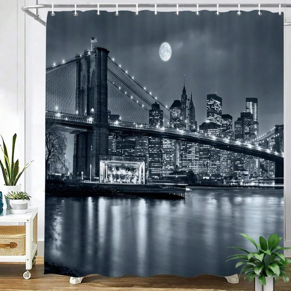 awitufhgp Black White New York City Skyline Shower Curtain - Manhattan Bridge & East River Night Scene, Shower Curtains for Bathroom(135x200cm/53x79in(WxH))