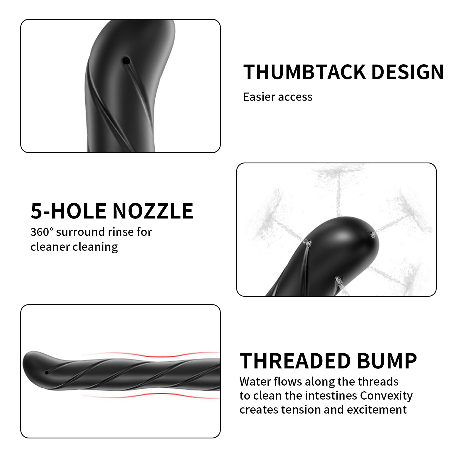 Set de Douche 5 Trous Pulvérisateur Lavement Tuyau Confort Silicone Buse Lavement Accessoire Femme Homme 27cm + 150cm Tuyau (Noir)
