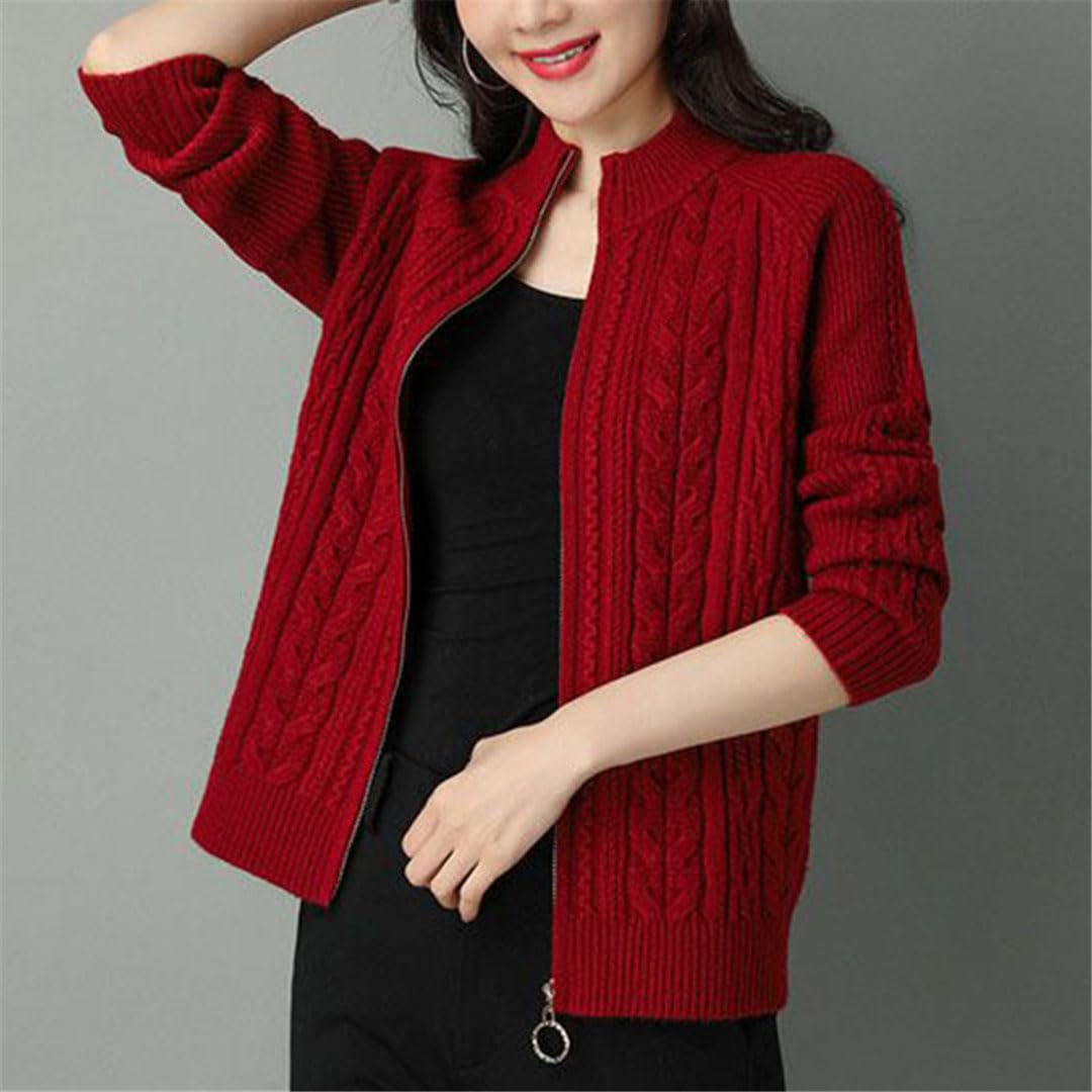 Chaqueta Tipo Cárdigan De Punto con Cremallera Y Cuello Alto para Mujer, Cárdigans De Manga Larga, Suéter Grueso