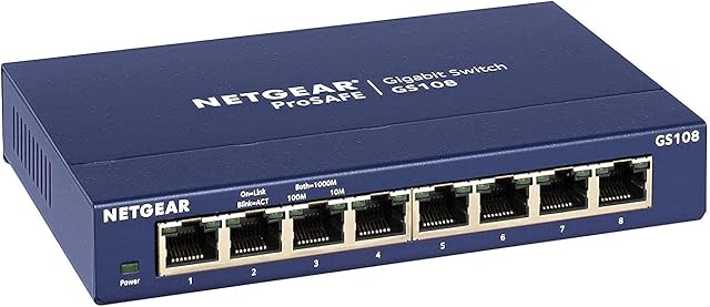 NETGEAR Przełącznik sieciowy GS108GE 8-portowy (gigabitowy Plug-and-Play, LAN, koncentrator Ethernet, metalowa obudowa bez wentylatora, ProSAFE), niebieski