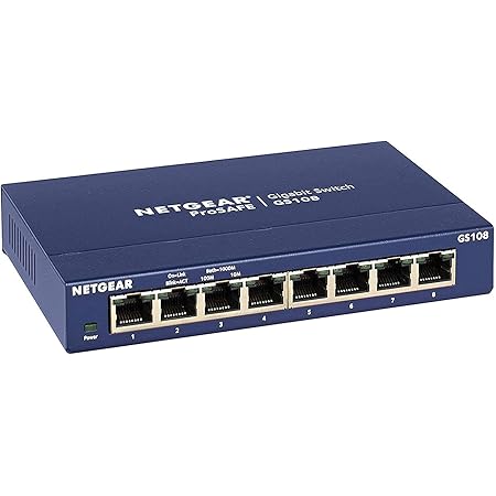 NETGEAR GS108GE LAN Switch 8 Port Netzwerk Switch (Plug-and-Play Gigabit Switch LAN Splitter, LAN Verteiler, Ethernet Hub, lüfterloses Metallgehäuse, ProSAFE Lifetime-Garantie)