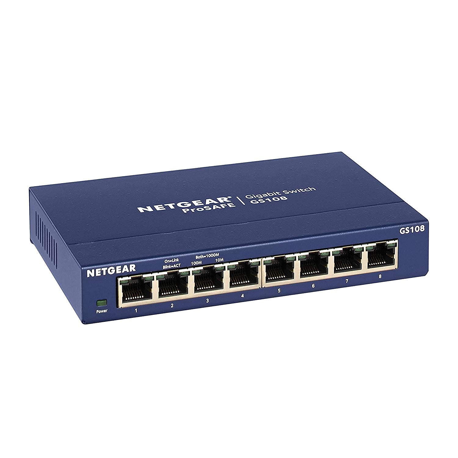 NETGEAR Przełącznik sieciowy GS108GE 8-portowy (gigabitowy Plug-and-Play, LAN, koncentrator Ethernet, metalowa obudowa bez wentylatora, ProSAFE), niebieski
