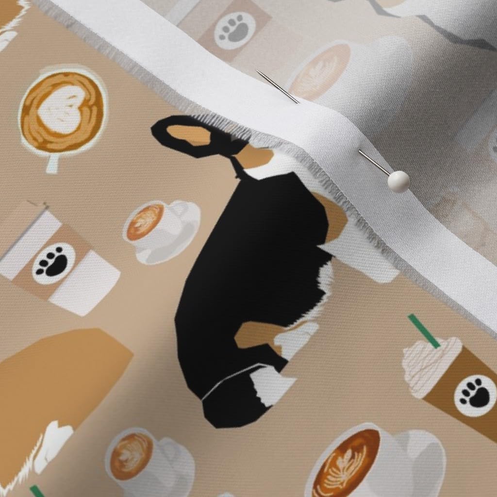 Spoonflower Fabric - Caffeinated, Corgis, Coffees, Dogs, Tri Colored, Pets, Puppy, Tan, Printed on Organic Cotton Sateen Fabric by The Yard - Sewing Quilting Apparel Home Decor
