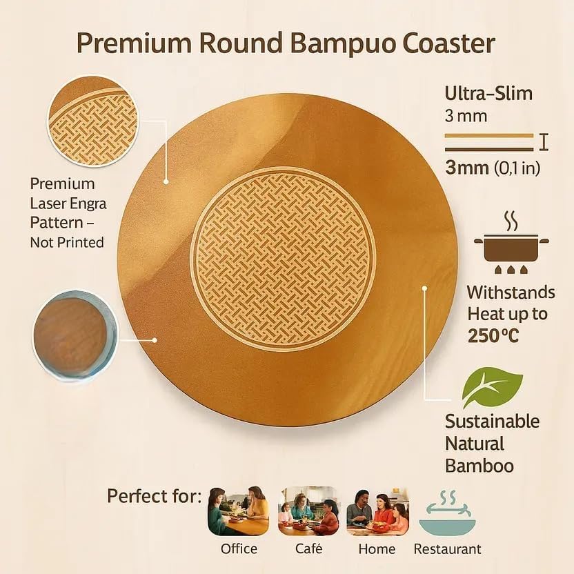 Image of Round Wooden Trivet,Place Mate Set of 4 (20cm) |Bamboo Table Mats with Engraved Design | Heat Resistant Hot Pot Stand| Dining Table Protector | Wooden Coaster for Kitchen & Cookware (20x20 cm)