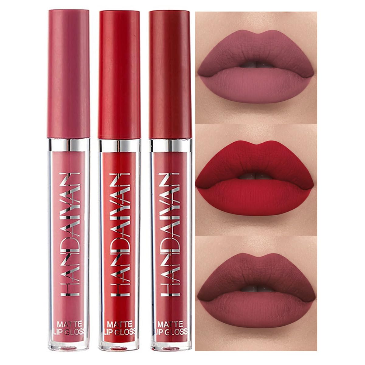 BestLand 3Pcs Matte Liquid Lip Gloss Set - 24H Transfer-Proof, Moisturizing & Non-Sticky I Mauve Pink, Classic Red, Deep Burgundy I Vegan +