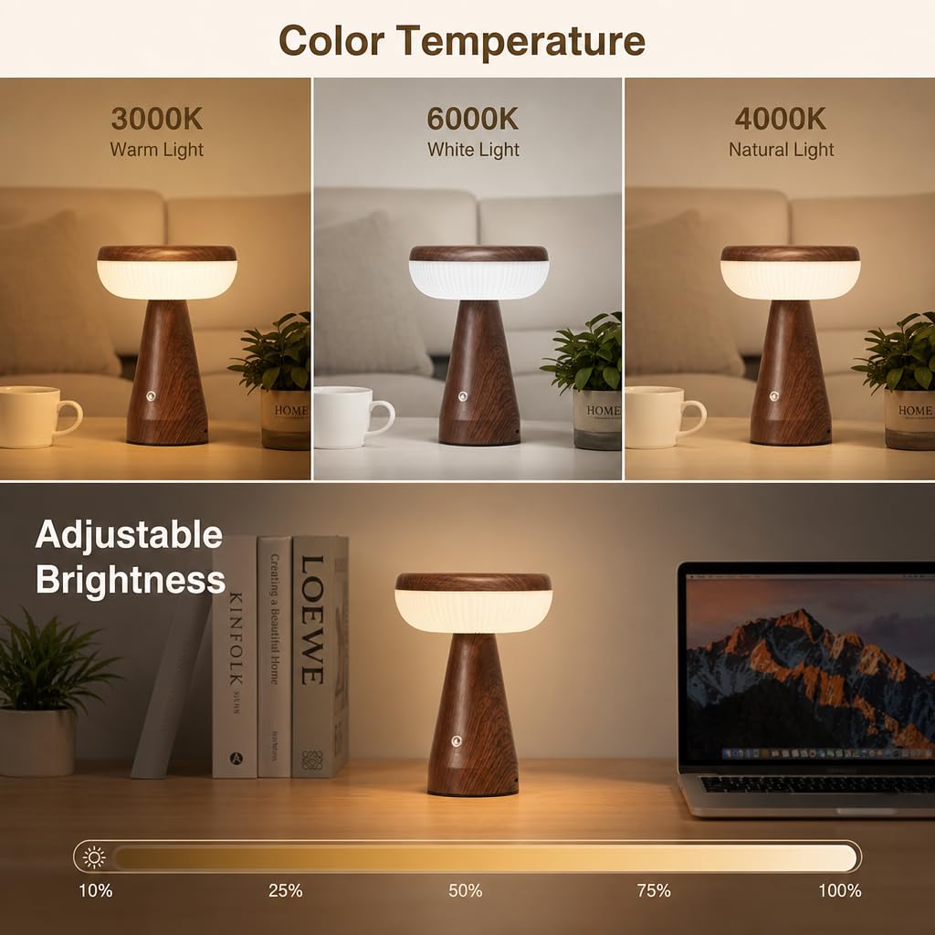 Retro Tischlampe Kabellos Batteriebetrieben Tischleuchte Holzoptik Acryl Lampenschirm Akku Pilzlampe 3 Helligkeitsmodi USB Aufladbare Dimmbarer Touch Schalter Leselampe LED für Esszimmer