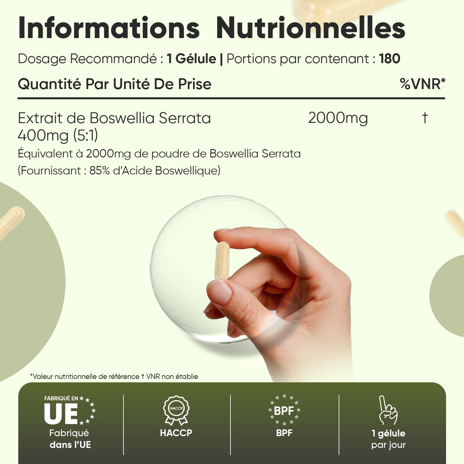 Boswellia Serrata Gélules 2000mg 180 Gélules Vegan avec 85% d’Acide Boswellique - Extrait de Poudre de Boswellia (5:1) Équivalent à 400mg - sans OGM ni Gluten, sans Lactose ni Additifs - pour 6 Mois