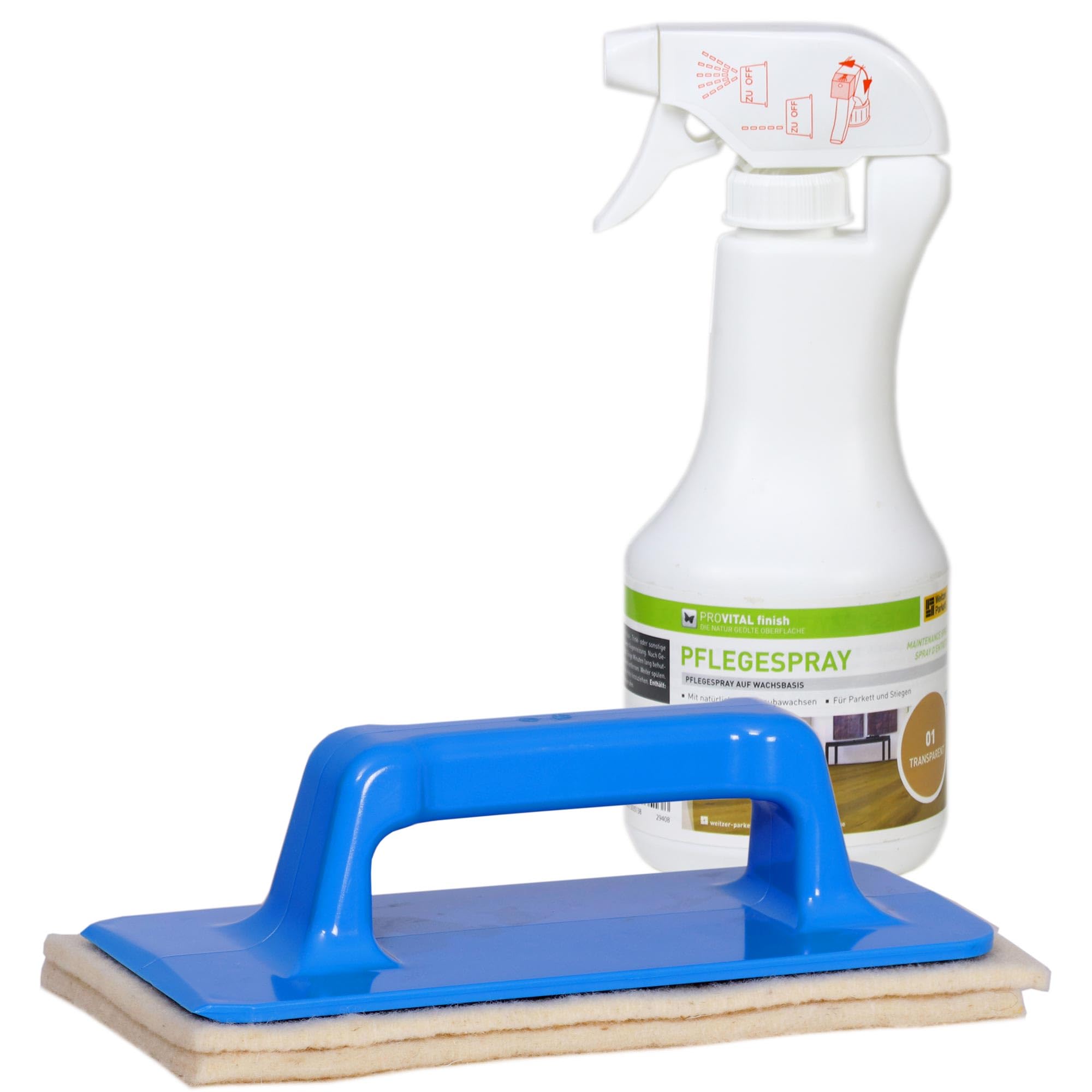Weitzer Parkett ProVital Pflegespray 500ml Farblos inkl. Handpadhalter Pro - Set "Parkett-Nachölen" inkl. 2x Soft-Sheep - superweiche Schafwollpads