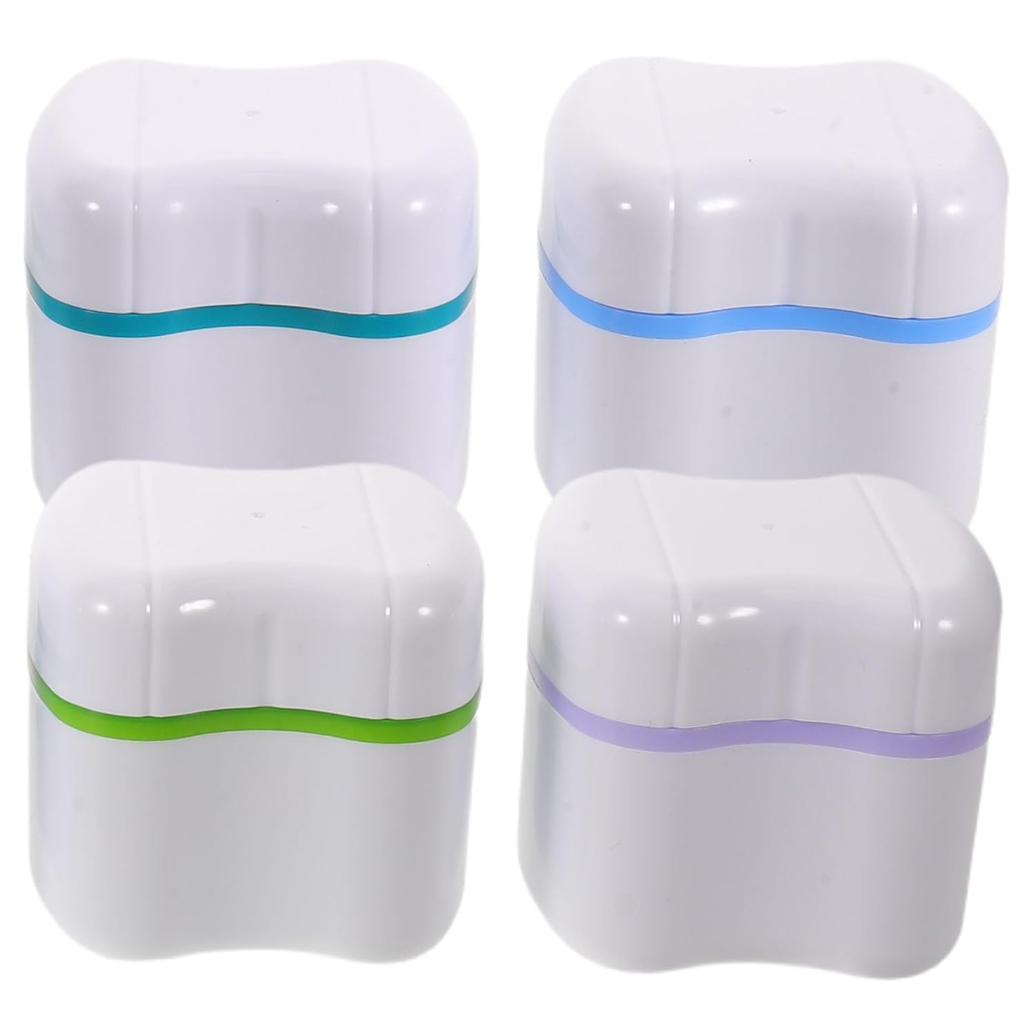COLLBATH 4pcs Denture Bath Box: Portable Soaking Cup with Strainer Basket - False Teeth Storage Container for Outdoor Retainers and Orthodontic Appliances