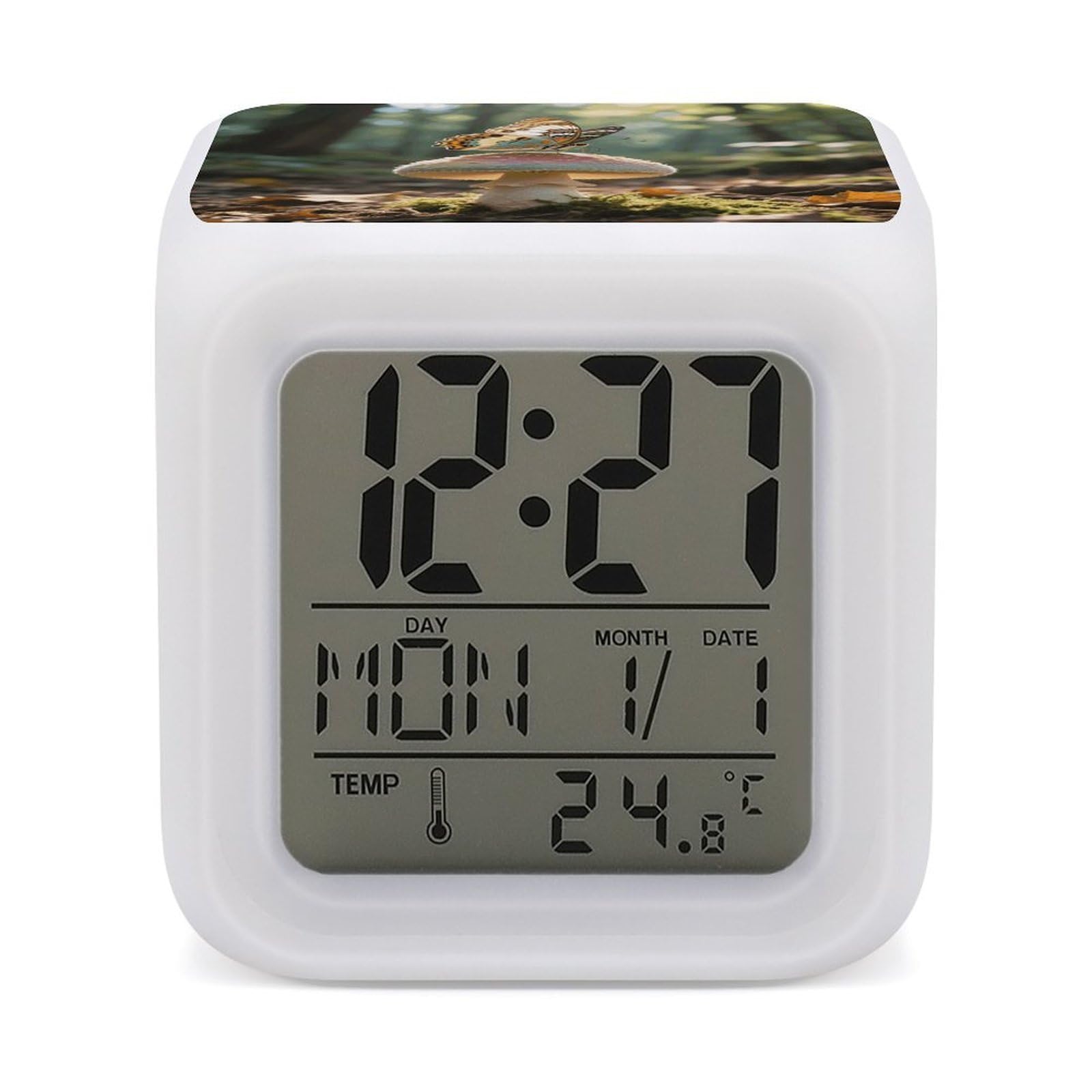 VstaDank Butterfly Mushroom Alarm Clock with Date Temperature Large LED Display Number Clocks with 7 Colors Changing Desk Clock Battery Operated Digital Clocks with Date for Heavy Sleepers