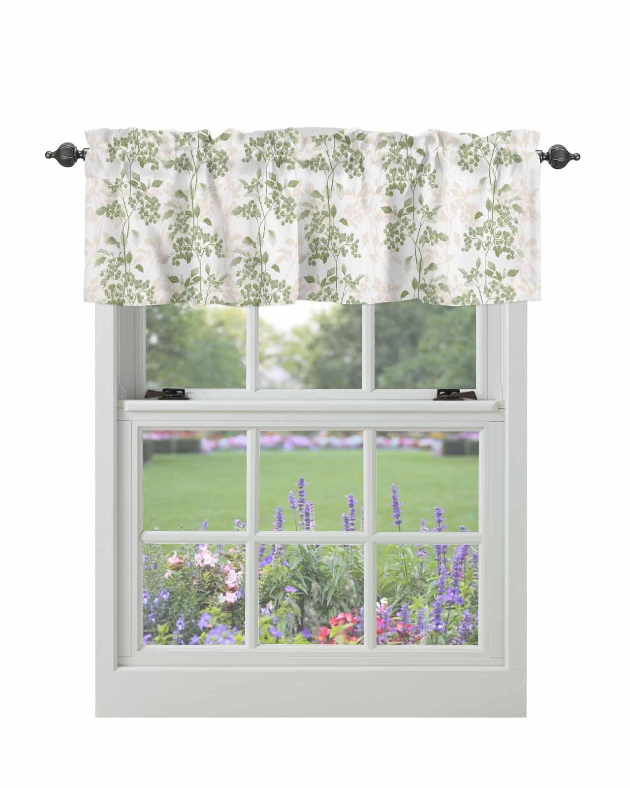 Zadaling Valance Curtain Rod Pocket for Kitchen Living Room Bathroom, Sage Green Berries Plant Leaves Short Topper Curtains Privacy Window Treatment