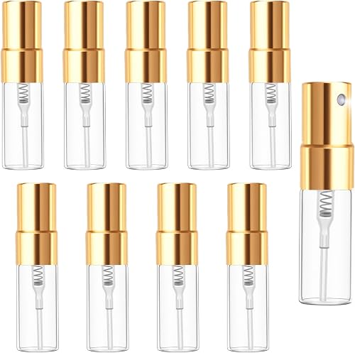 10 Pcs Mini Spray Bottles 3ml Clear Glass Perfume Bottles Portable Fine Mist Perfume Atomizer Refillable Empty Sample Containers for Cleaning Essential Oils Travel (Gold Cap)