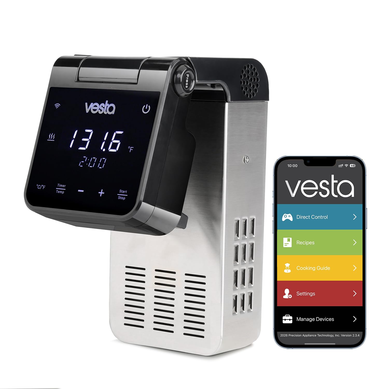 Vesta Precision Sous Vide Cooker, 30L Capacity, WiFi App Control and Large Display Screen,Foldable Design, IPX7 Waterproof, High Performance Immersion Circulator for Home & Professional Kitchen
