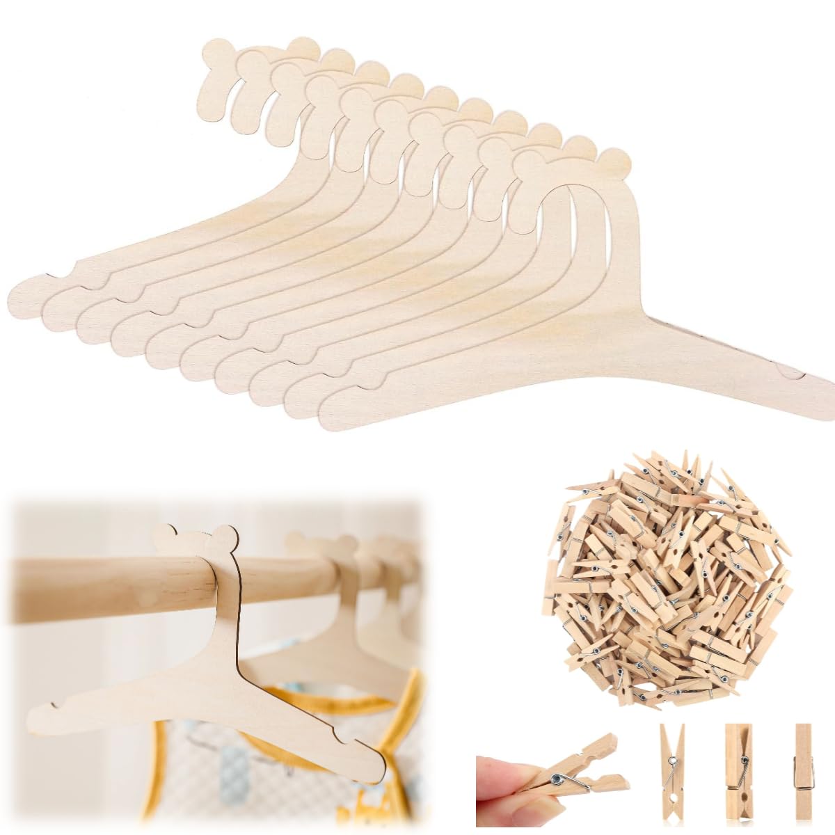 12 Stück Holz Baby Kinderkleiderbügel, rutschfest Babykleiderbügel, Natürliche DIY Holzbügel für Kinderkleidung, Babygarderobe & Kleinkindermode - rutschfeste Kleiderhaken für Hemden