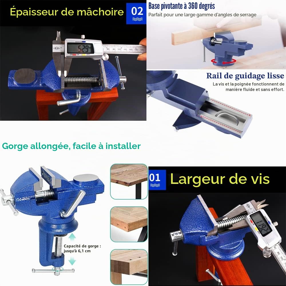 60mm Étaux d'Établi, Étau avec Base Pivotante à 360 Degrés étau plat pour le travail du bois, la coupe de conduits, le perçage, le travail des métaux - Bleu