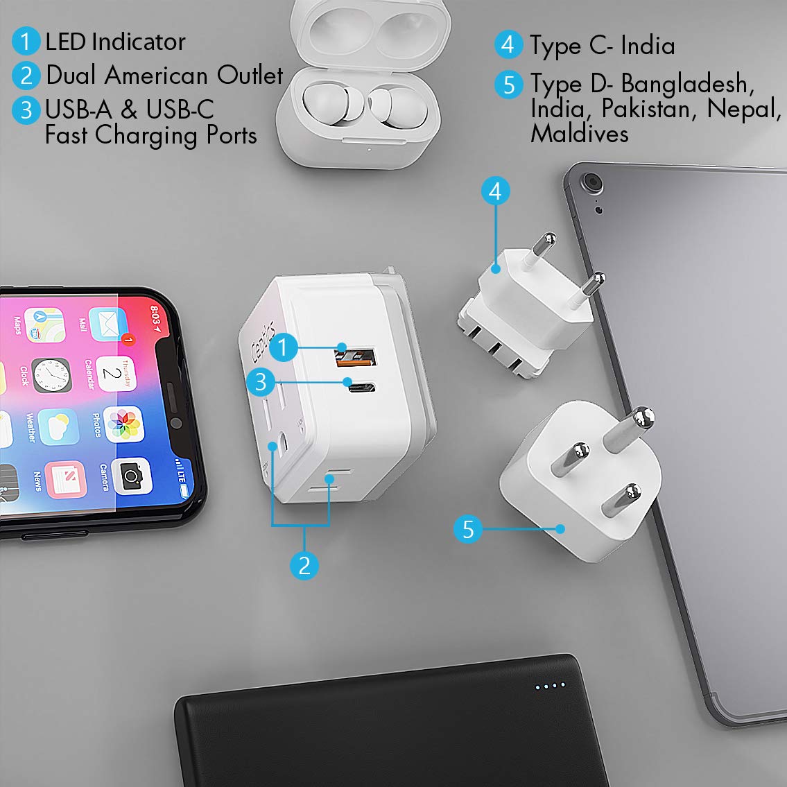 India, Maldives Power Plug Adapter Travel Set Ceptics, 20W PD & QC