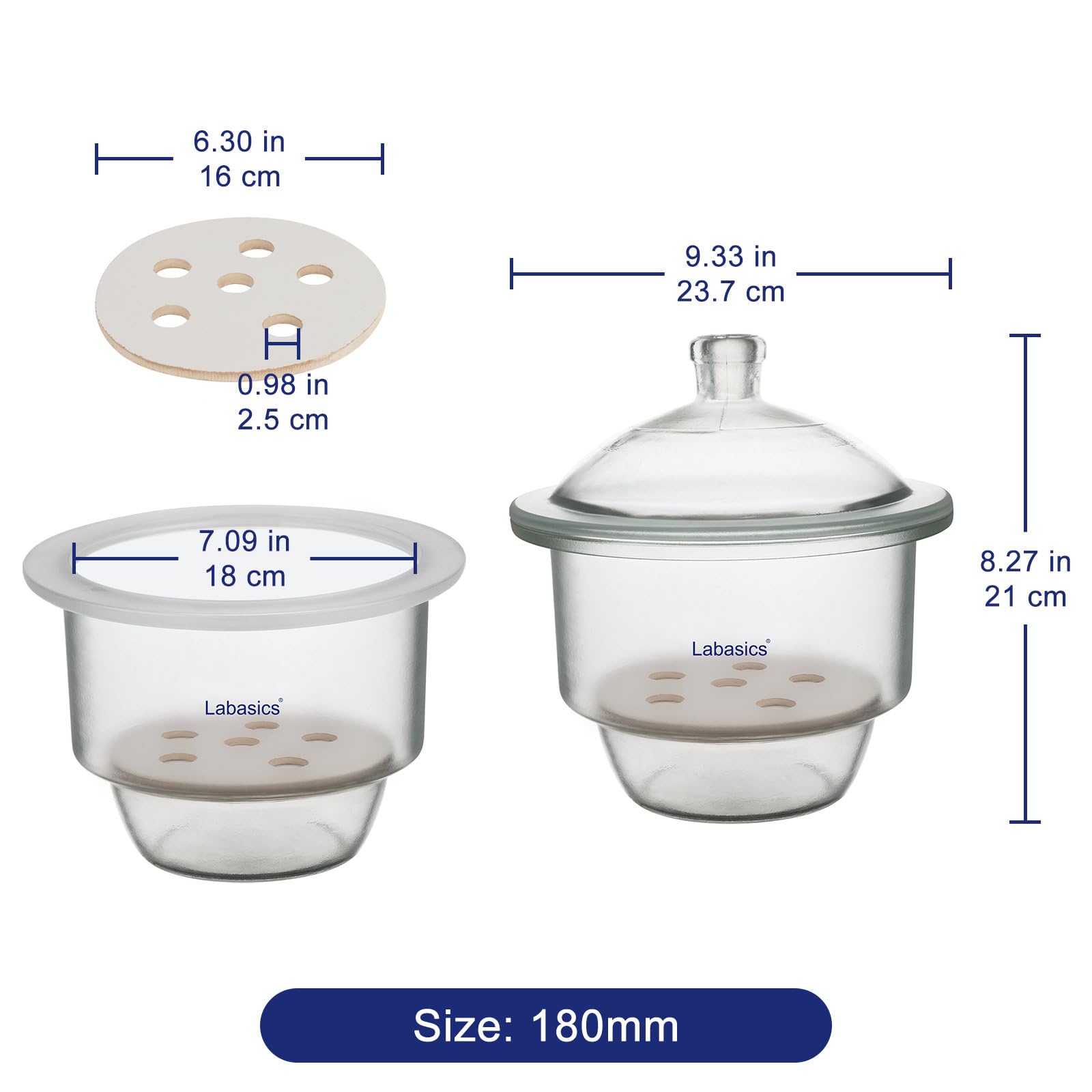 Labasics Desecador de Vidrio con Tapa de Perilla y Placa de Porcelana, Almacenamiento Seco Redondo No al Vacío para Muestras de Laboratorio y Materiales Activos, 180 mm I.D.