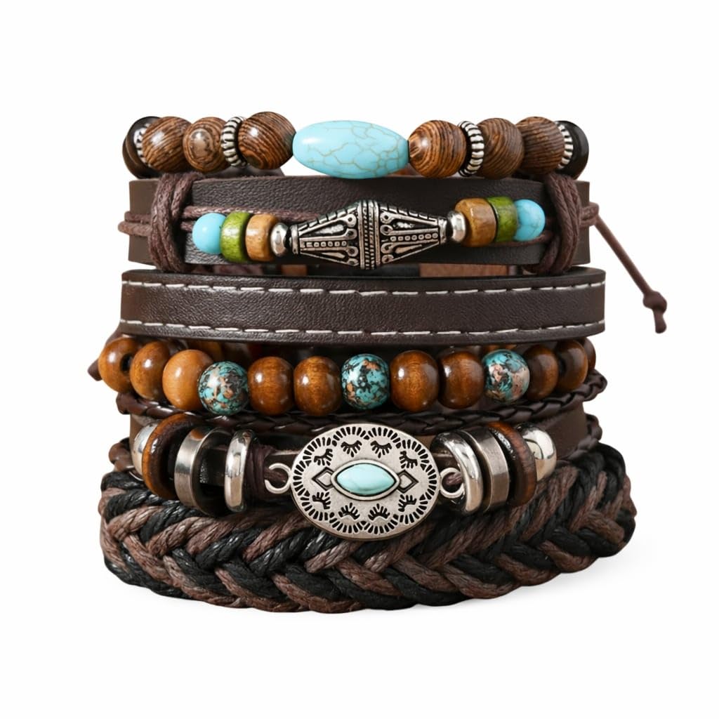 VIENTIQ Contemporary Casual Set of 6 Braided Leather Bracelet For Men/Boys