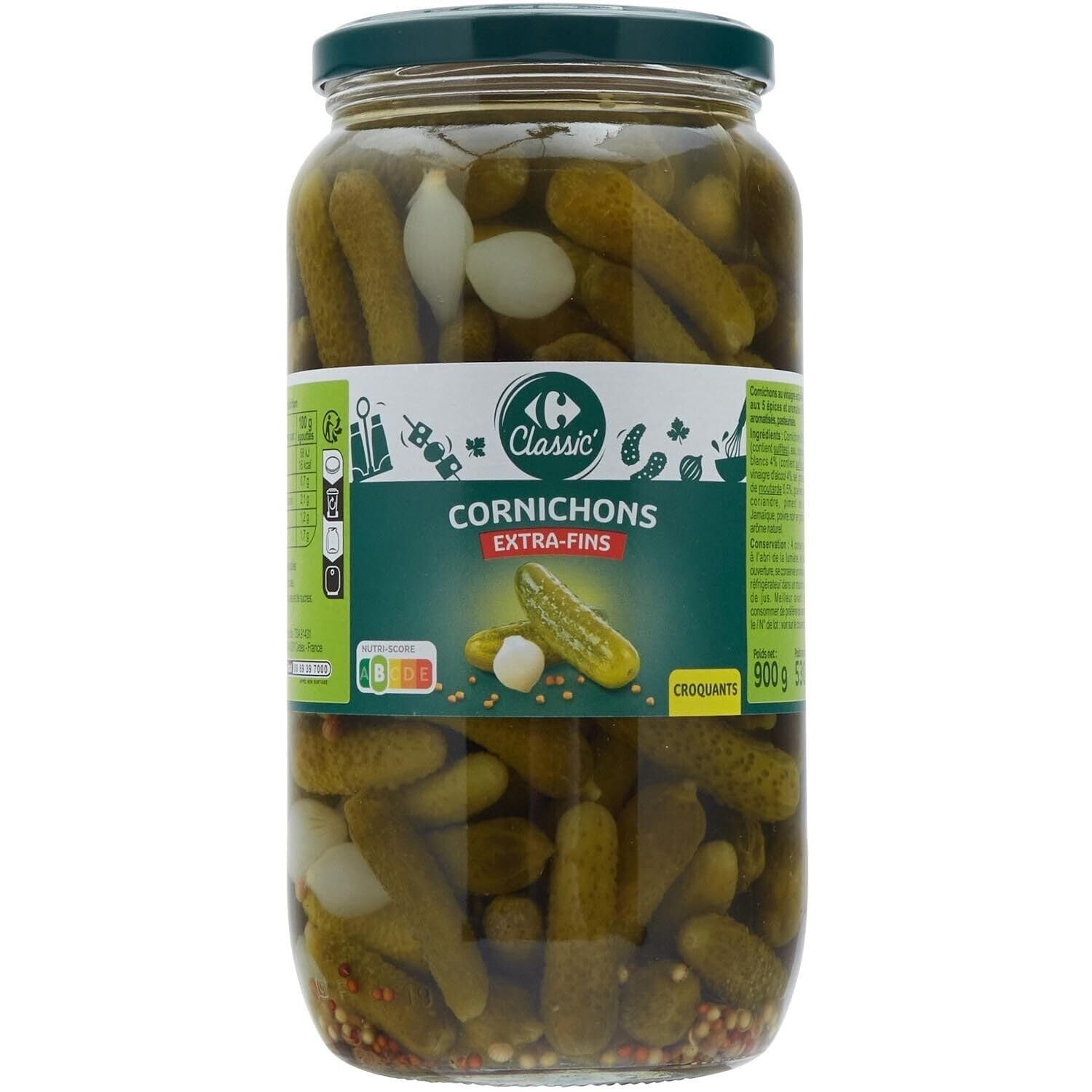 Des cornichons croquants et savoureux pour vos repas — CARREFOUR CLASSIC' aux 5 épices et aromates, bocal en verre de 900g (poids net 530g) - Lot de 3