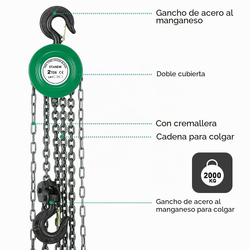 Polipasto de Cadena Manual con Gancho Resistente STANEW, Altura de Elevación 6,0 m, Verde,Doble Cadena de Carga,G80, Gancho de Elevación con Seguridad (2 toneladas 6,0 m)