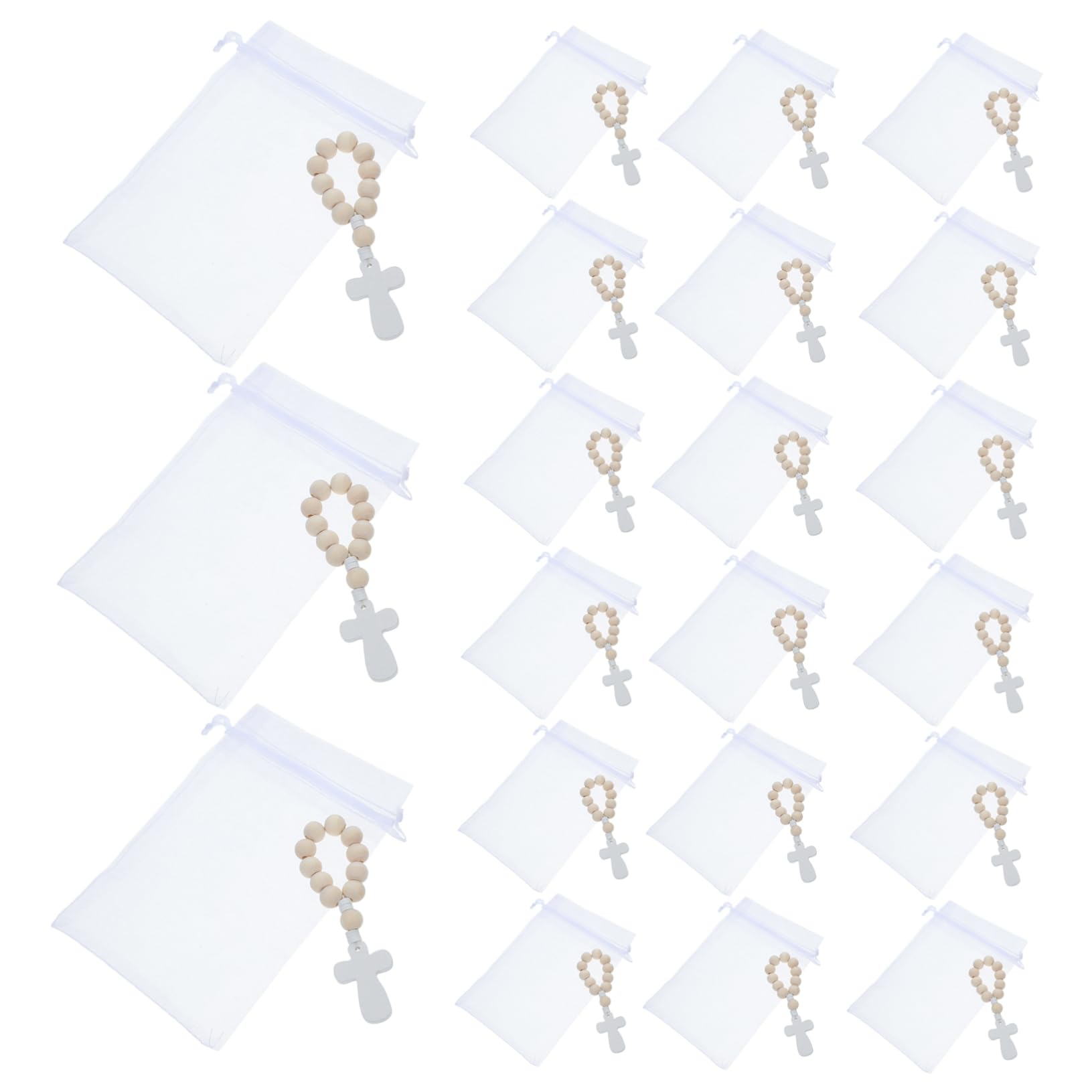 HOMSFOU 40juegos Cuentas de Bendición Pulseras de Rosario Pequeñas de Madera con Bolsas de Malla para Bautizo Shower Recuerdos de Fiesta