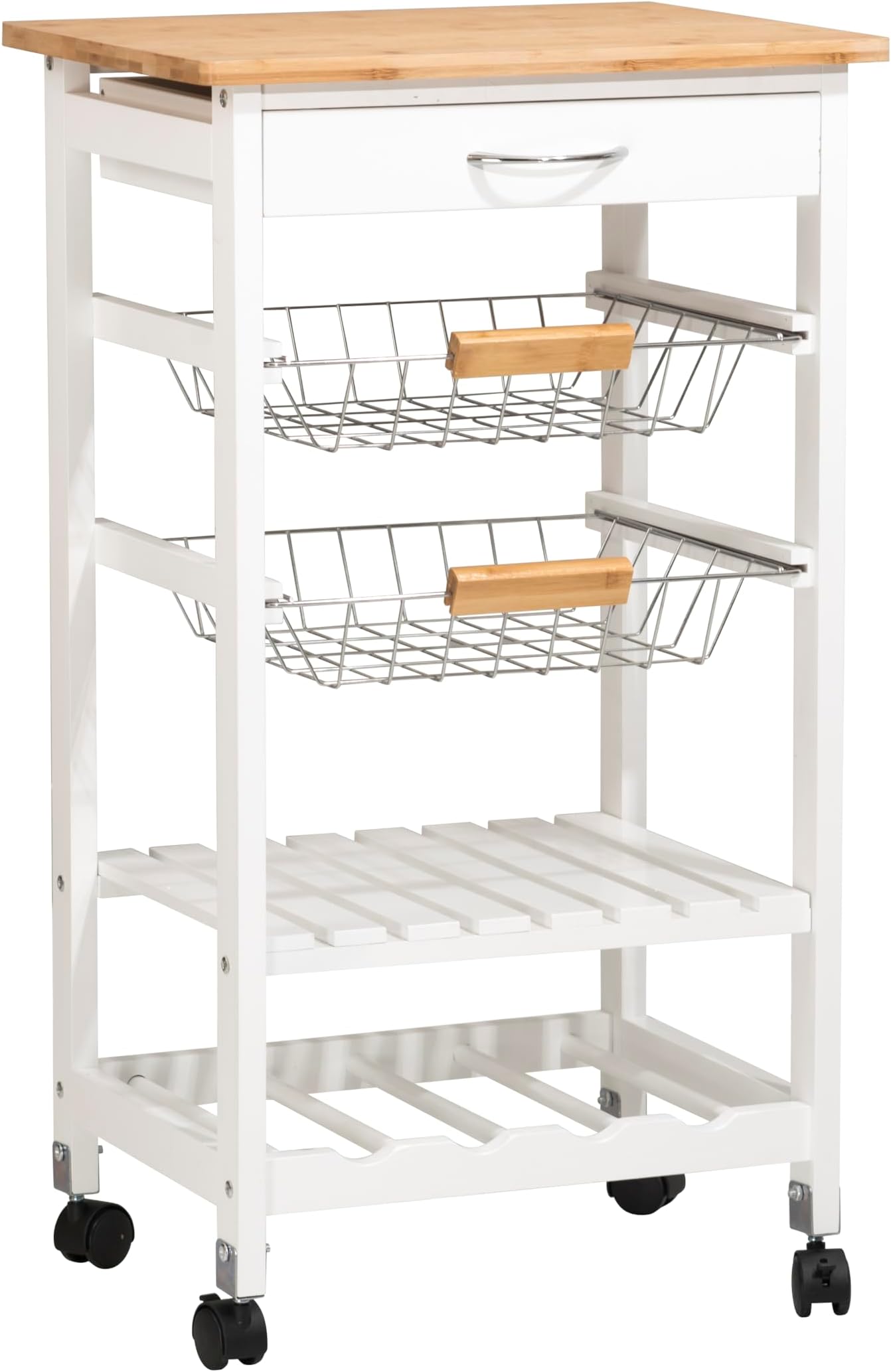 spot on dealz® 5 Tier Kitchen Trolley Mobile Rolling Kitchen Island For Home 1 Drawer, Metal Baskets, Storage Shelf, Wine Rack, Fruit & Veg Storage Bamboo Top Oak Colour With White MDF Frame