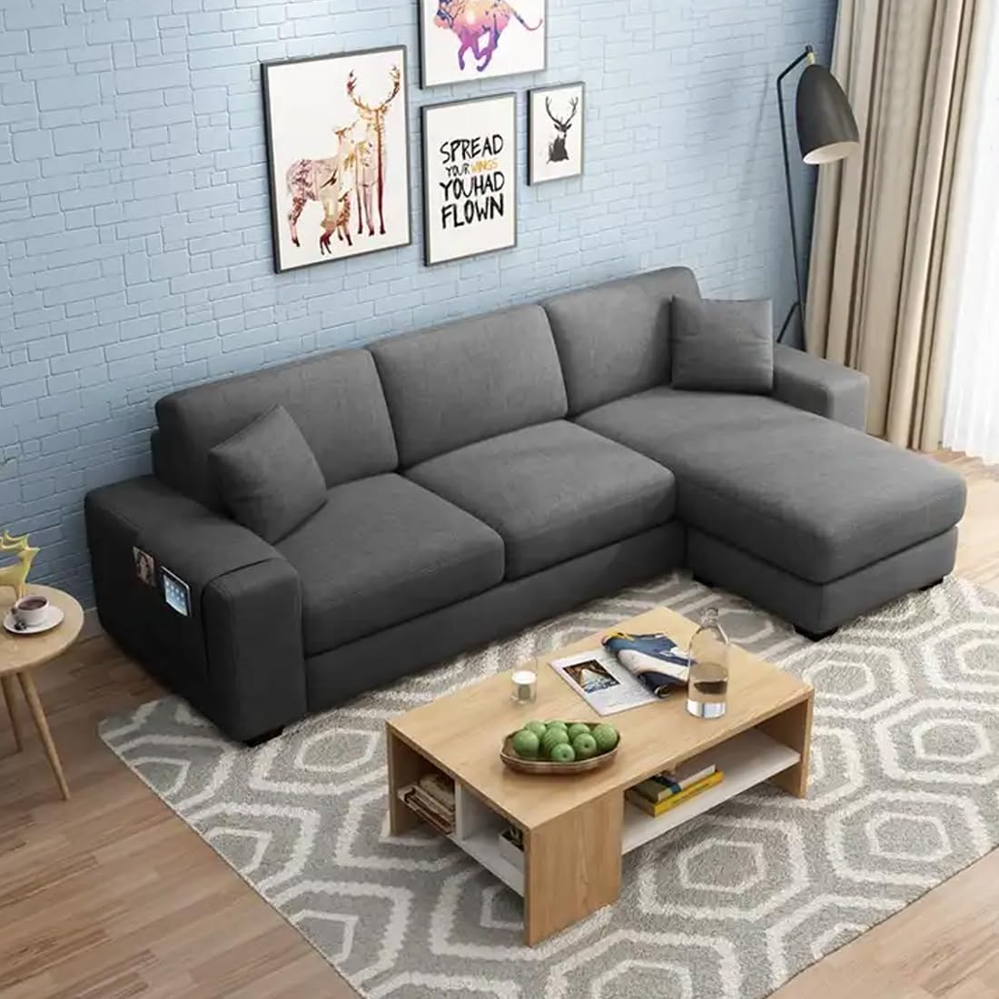FURNY Alora 4 Seater Fabric RHS L Shape Sofa Set (Dark Grey)-