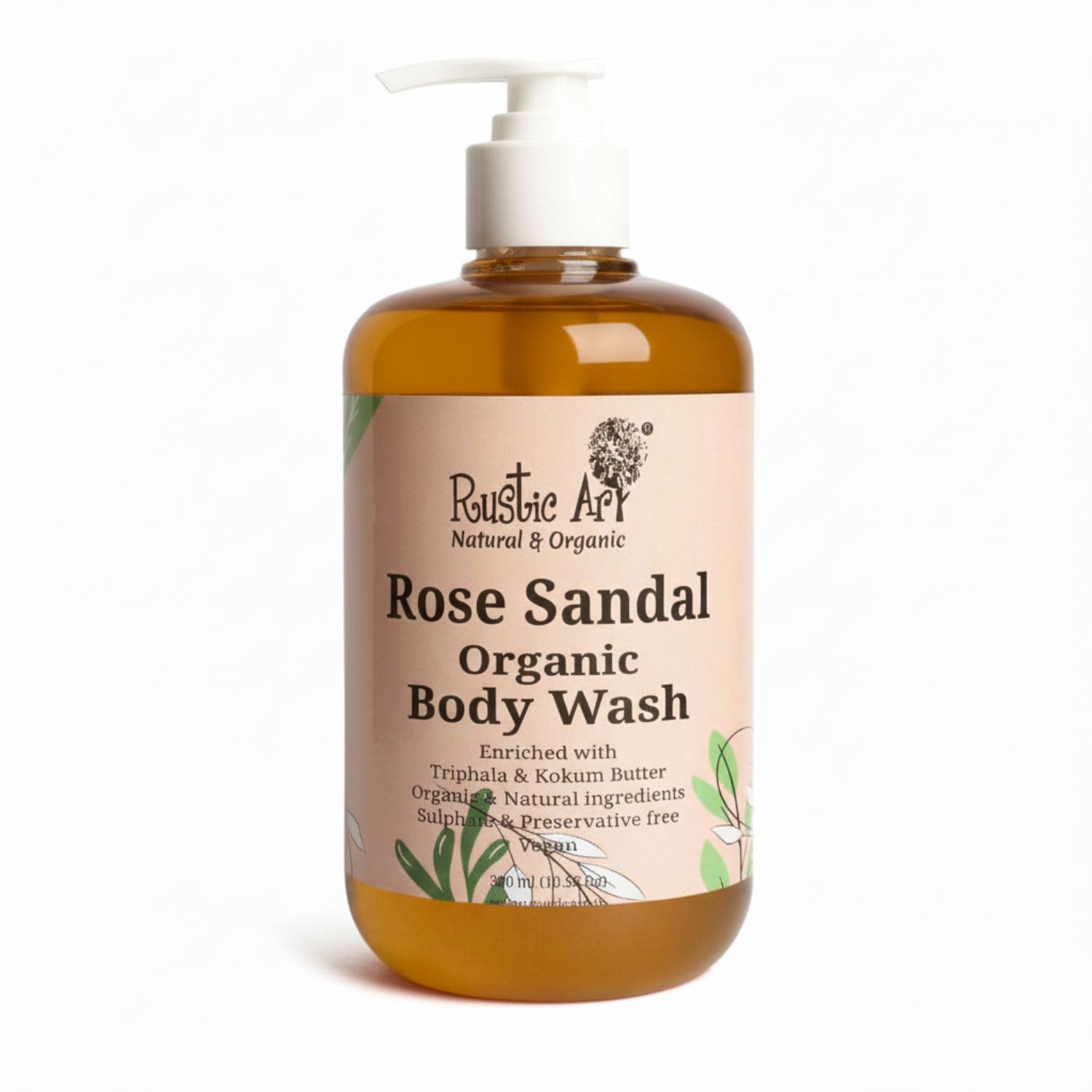 Rustic Art Rose Sandal Body Wash | For Tan Removal & Skin Brightening | Luxurious Castile Soap with Triphala & Turmeric | Handmade Organic | For Women & Men | 300ml