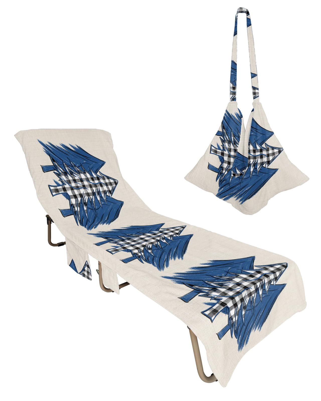 Blue Christmas Tree Beach Lounge Chair Towel Cover, Soft Chaise Lounge Towel with Side Pockets Patio Pool Chairs Cover for Beach/Pool Sunbathing 29x85 Black White Plaid Xmas Tree Snowflake