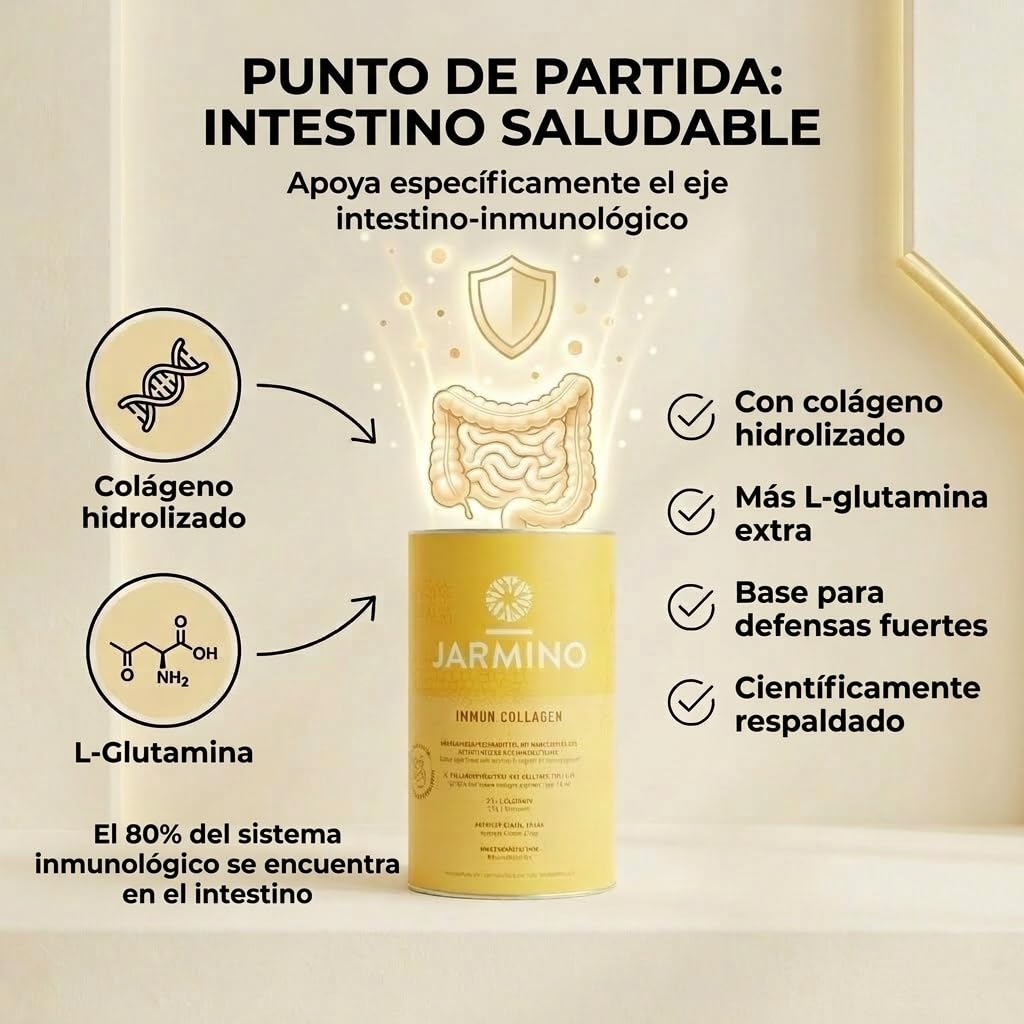 Hidrolizado de Colágeno con L-Glutamina - Fortalece el Sistema Inmunológico | Vitamina C, D, Selenio, Zinc, Jengibre, Saúco, Hongos Vitales | 450g Glutamina Inmune en Polvo | JARMINO