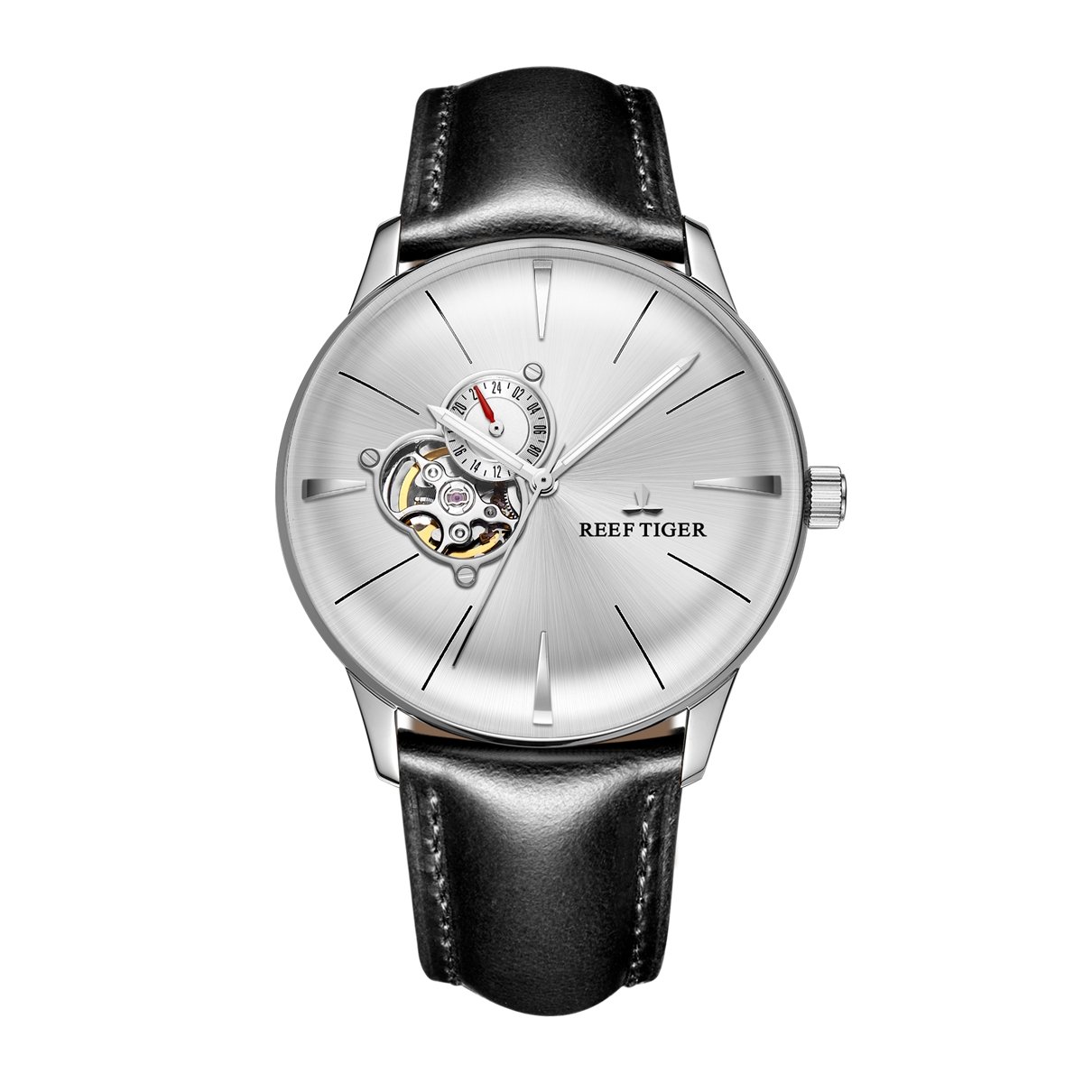 REEF TIGER Mens Casual Watches Convex Lens Tourbillon Watch Leather Strap Steel Watches RGA8239