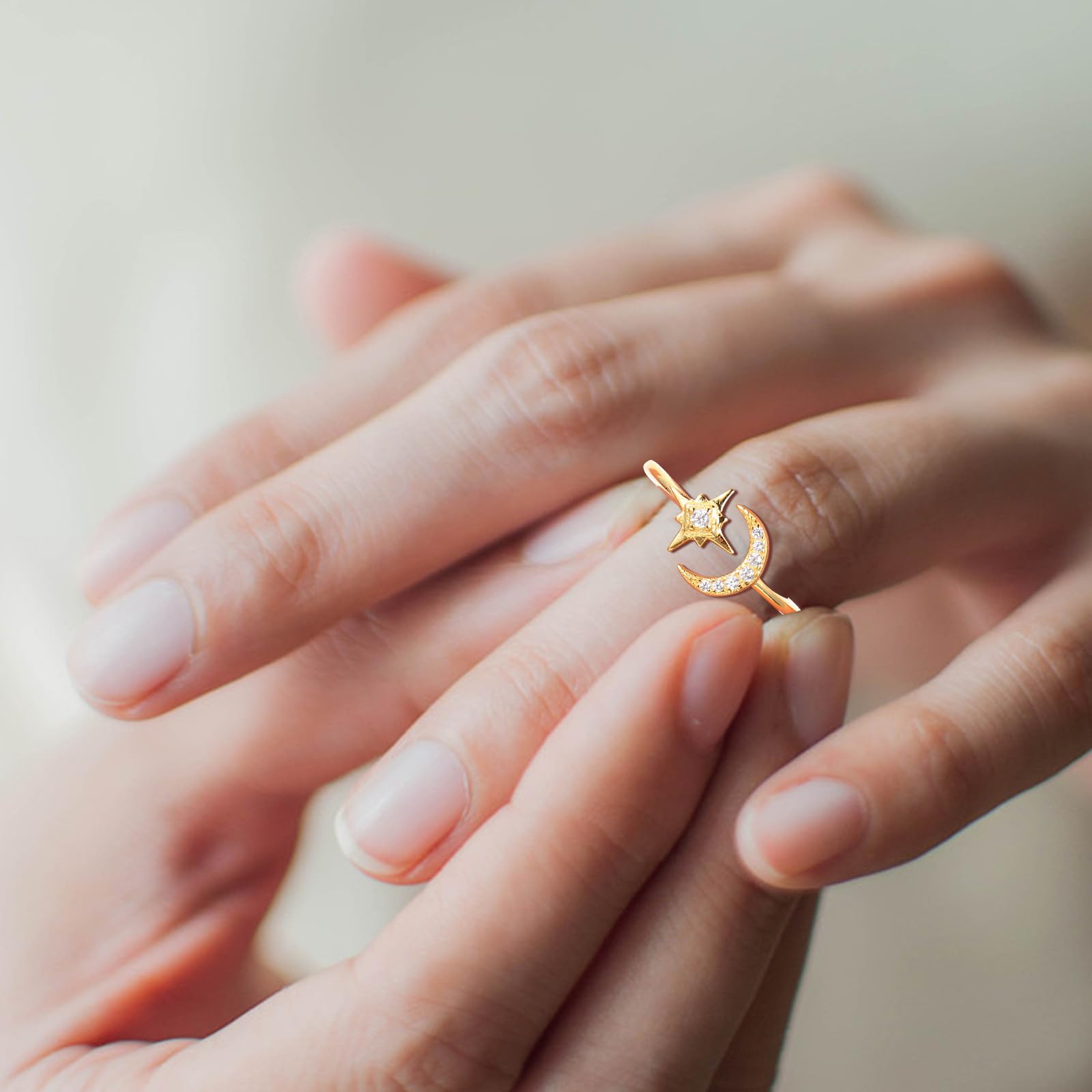 Holibanna Anelli Regolabili da Donna Confezione da 2 in Argento Design Delicato a Forma di Mezzaluna e Stella, Aperti Sicuri per Ogni Occasione